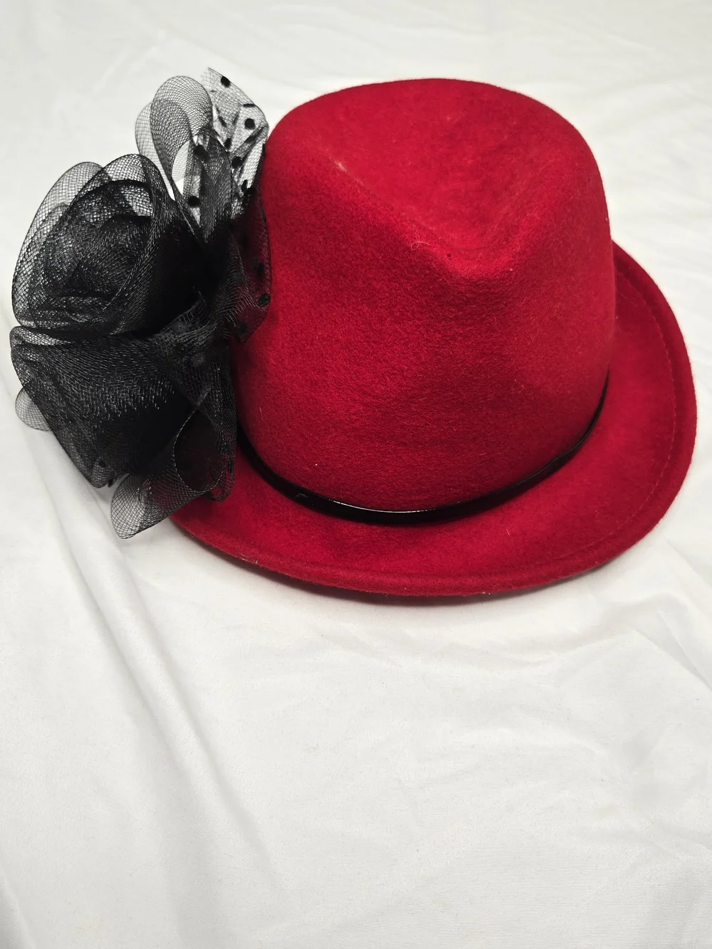 Scala Collezione Red 100% Wool Felt Hat Black Mesh Flower Fascinator One Size
